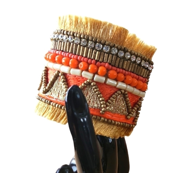 SHIRALEAH Chicago "Santamaria" Orange Beaded Fringe Boho Tapestry Cuff  NWT - Picture 2 of 7